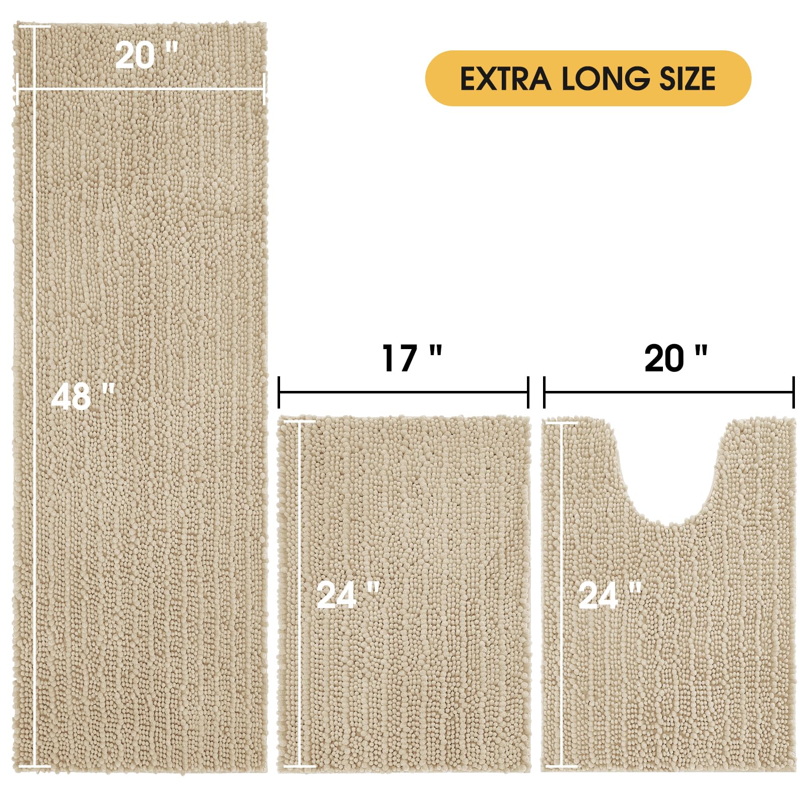 Accumtek Upgrade Extra Large Beige Bathroom Rug Set 3 Pieces Ultra Soft, Thick Absorbent Bath Mats, Non Slip Chenille Toilet Mat